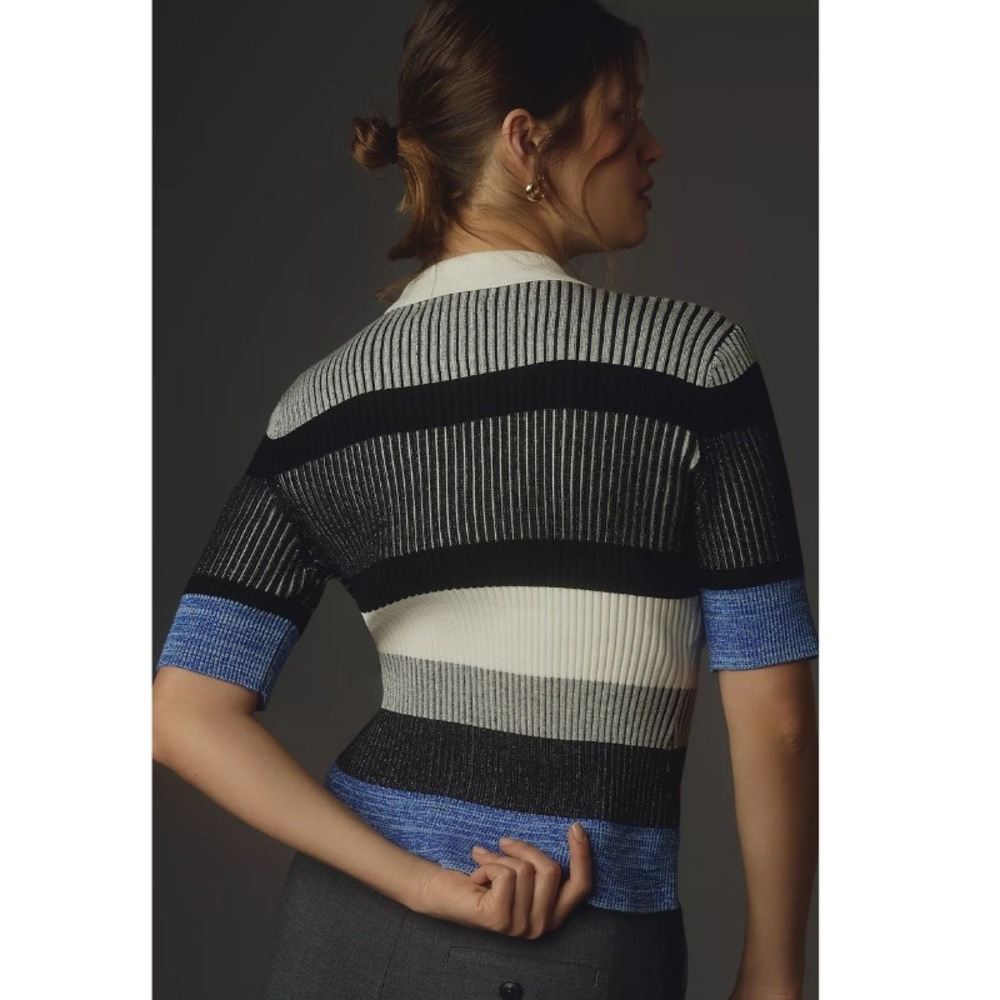 Anthropologie Short-Sleeve Collared Sweater Striped Ribbed Knit Cardigan Size L - Picture 3 of 10